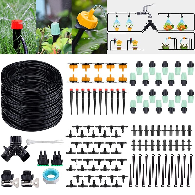 JEYL Irrigation Drip Kit,Automatic Plant Watering System With Distribution Tubing Hose, Adjustable Nozzle Emitters Sprinkler