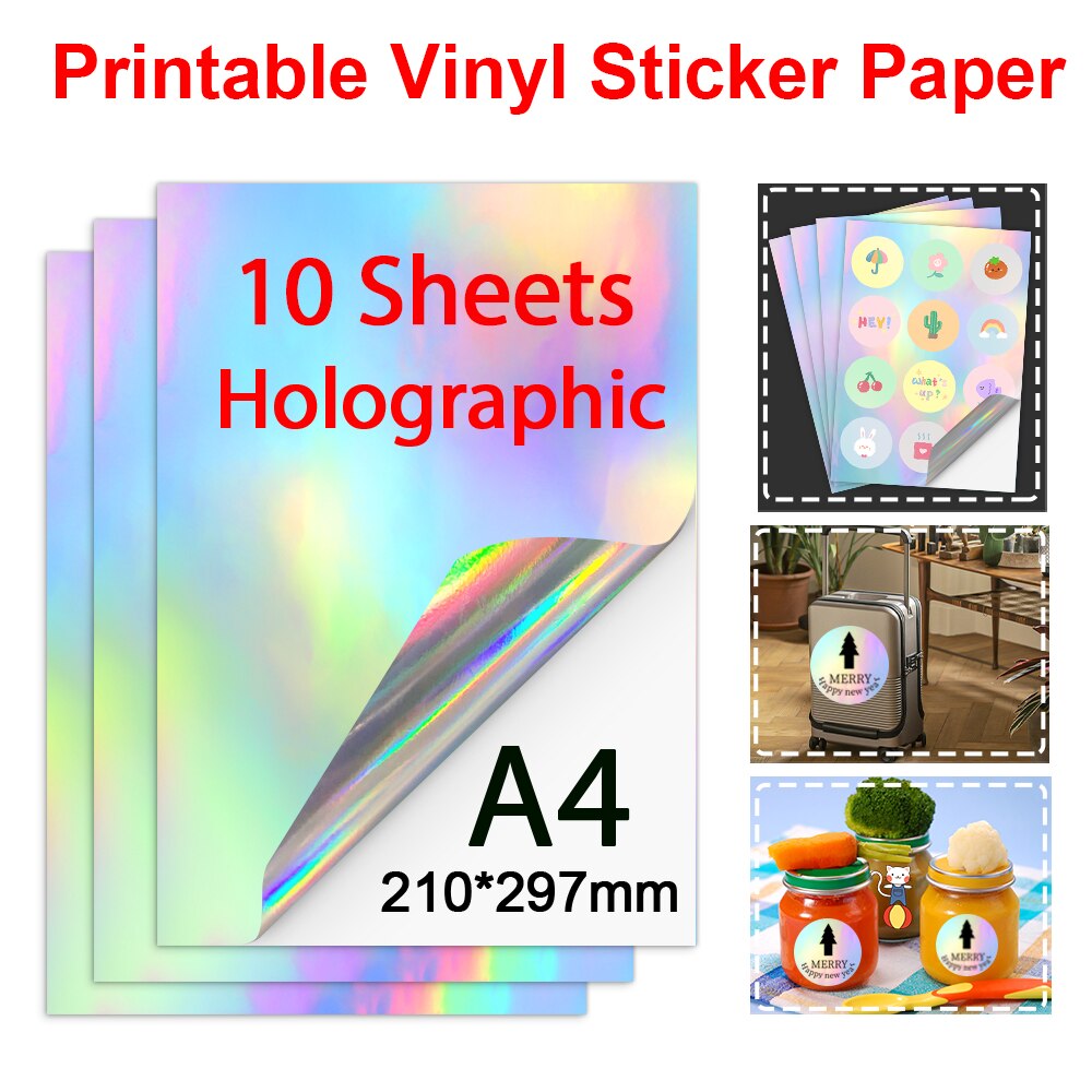 50 blätter A4 transparent Druckbare Vinyl Aufkleber Papier Wasserdicht Weiß Holographische Vinyl Etikett Aufkleber für Alle Inkjet Drucker: 10-holografisch
