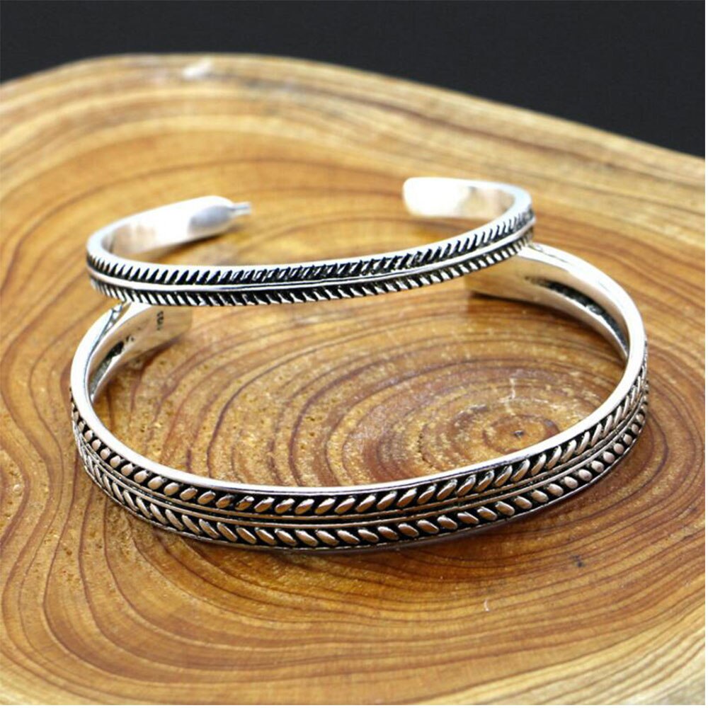 Anenjery Thai Silver Color Handmade Feather Leaves Twisted Cuff Bracelets & Bangles pulseras S-B86