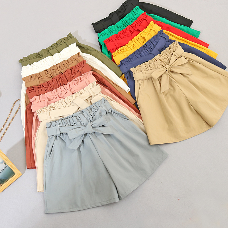 Elastic waist tie bow Loose Cotton shorts Womens summer Korean ruffles wide leg shorts for women wild casual Shorts