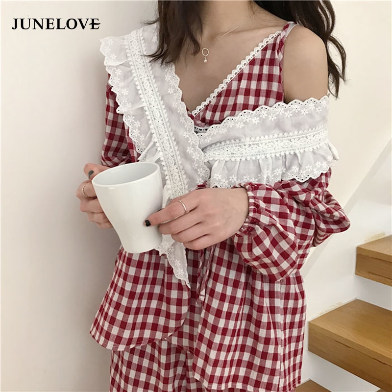 JuneLove Plaid Lace Gentle Three-piece Suits Chic Vintage Women Sweet Sleepwear Loose Pajamas Suits Fresh Home Clothes