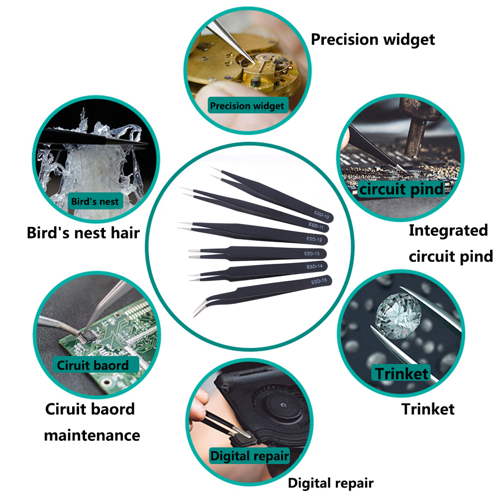 Juego de pinzas de precisión ESD, herramientas de reparación de pinzas antiestáticas de acero inoxidable para reparación electrónica, herramientas artesanales de soldadura, 6 uds.