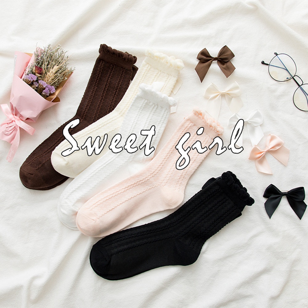 Medium Tube Woman Socks Ruffle Socks Lolita Bow Socks Cosplay Costumes Accessories Cotton Socks Cute Sweet Girl