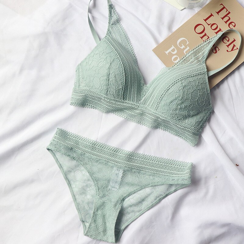 Neue Frauen 4 Farbe Unterwäsche Französisch Draht-Freies Ultra-dünne Bralette sexy Spitze Dreieck Tasse drücken-hoch Bh einstellen Baumwolle Bh und Höschen