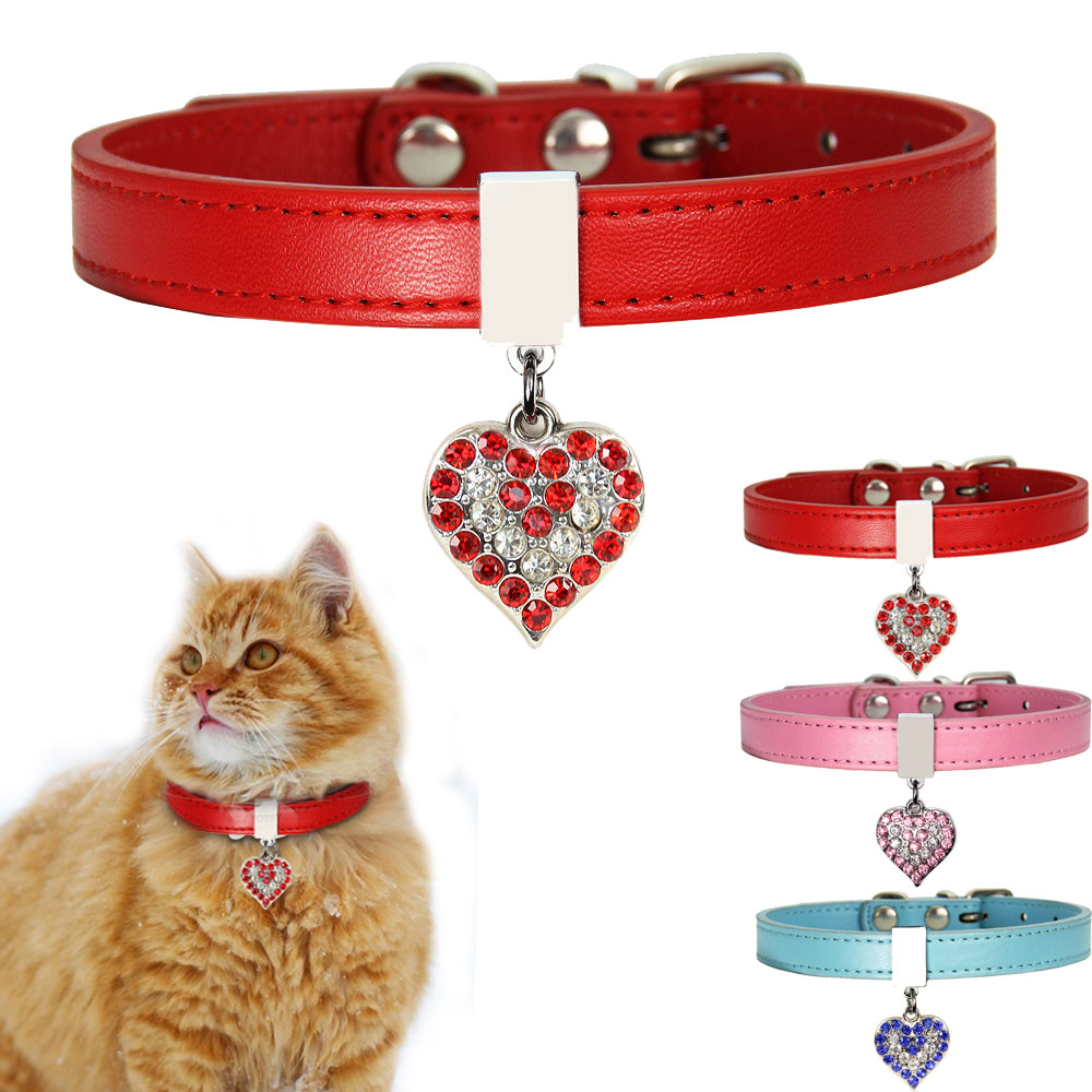 Collar de cuero para perro y gato, Collar ajustable para cachorros y gatitos con estrás, Collar de plomo con corazón ostentoso para gatos pequeños, accesorios para mascotas