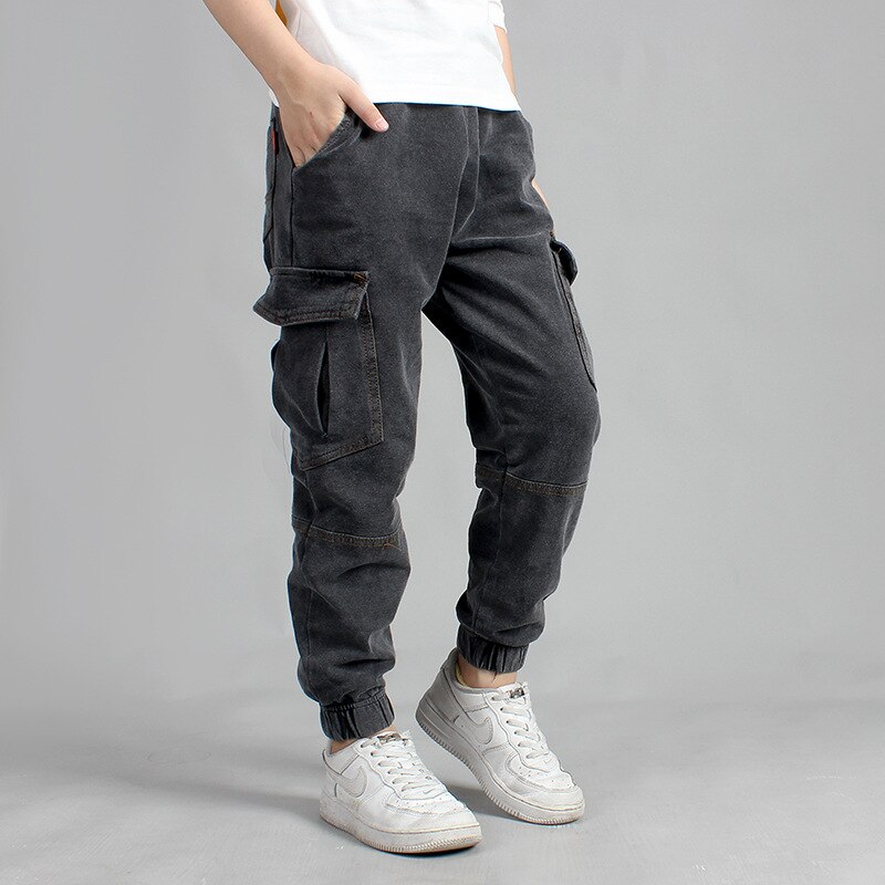 Mode Jongens Jeans Sport Broek Multi-Pocket Jeans Effen Kleur Jongen Kleding Elastische Jeans Voor Jongens Kinderen Kleding 5-12 Leeftijd: Black / 12T