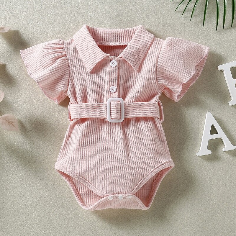 Newborn Baby Girl Cotton Ribbed Romper Short Fly Sleeve Infant Toddler Baby Ropa Waist Belt Bebe Jumpsuit Baby Clothing 0-2Y: pink / 3M