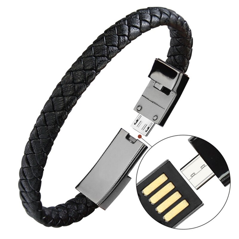 Draagbare Lederen Mini Micro USB Armband Charger Data Oplaadkabel Sync Cord Voor iPhone6 6s Android Type-C telefoon Kabel