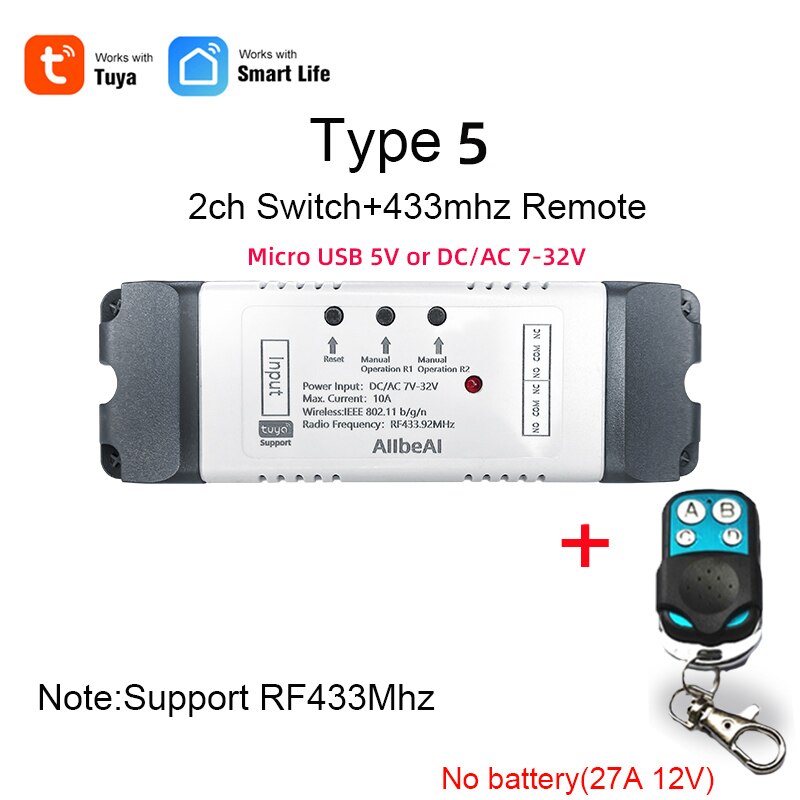 Tuya smartlife  dc 12v 24v 32v wifi trådløs bryter, intelligent modulrelé, inching-modus, alexa google hjem  rf433 fjernkontroll: type 5