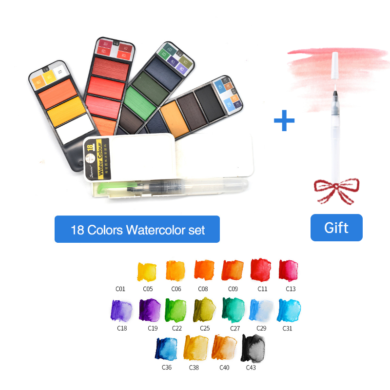 8/25/33/42 Solide Aquarel Verf Set Met Water Borstel Pen Opvouwbare Reizen Water Kleur Pigment Voor Draw: 18colors set