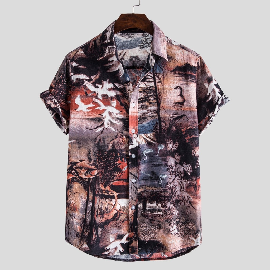 Summer Mens Cotton Linen hawaiian shirt Shirts Men Cotton Linen Printed Short Sleeve Casual Loose Shirts Henley Shirts Tops