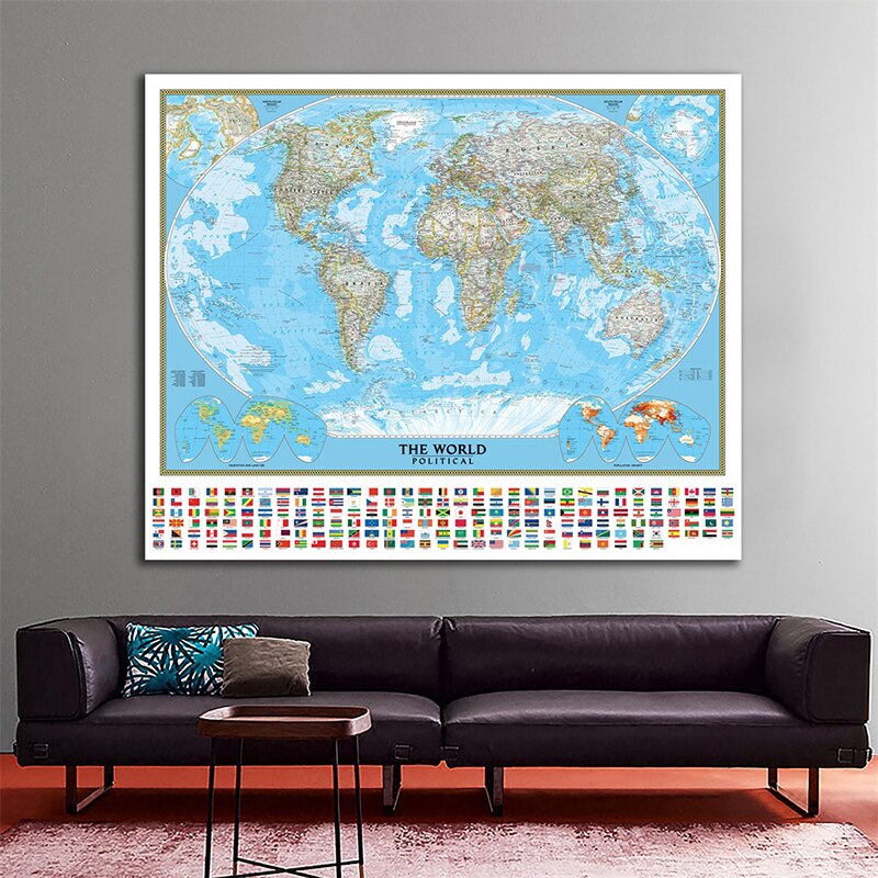 150x100cm World Political Map with Vegetation Cover and Population Density Goode Projection World Map Wall Sticker for Education