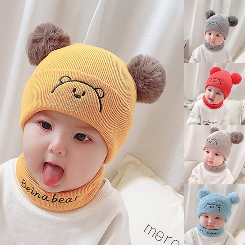 2Pcs Toddler Hat +Twitter Pompon Winter Children Hat Bonnet Enfant Knitted Cute Cap For Girls Boys 0-36 Months