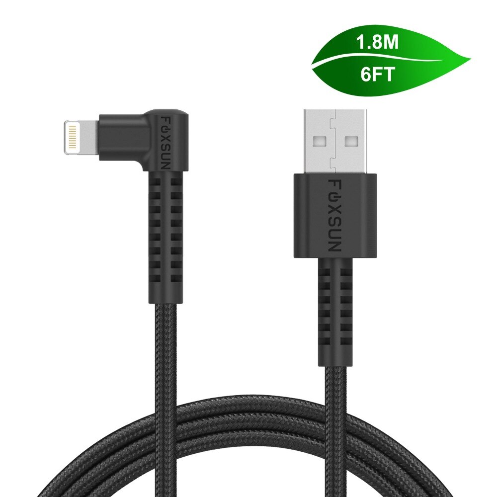 90 Degree for Lightning to USB Cable Nylon Braided, Foxsun 6FT right angle lightning cable for iPhone X/8/8plus/ 7/7 Plus/6S/6/5: Black