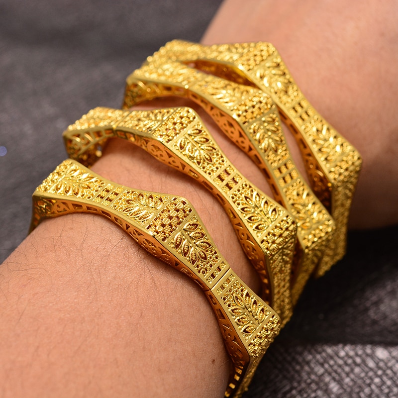 4Pcs Dubai Arab wheat Gold Color Bracelet&amp;Bangles for Women Girl Islam Muslim Arab Middle Eastern Wedding Copper Jewelry Bangle