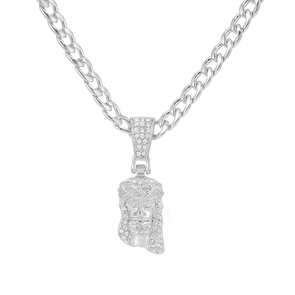 Colgante de cara de cabeza de pieza de Jesucristo para hombres, collar con dije de cristal brillante helado con cadena, joyería de Hip Hop: 45 cm / Rojo-marrón