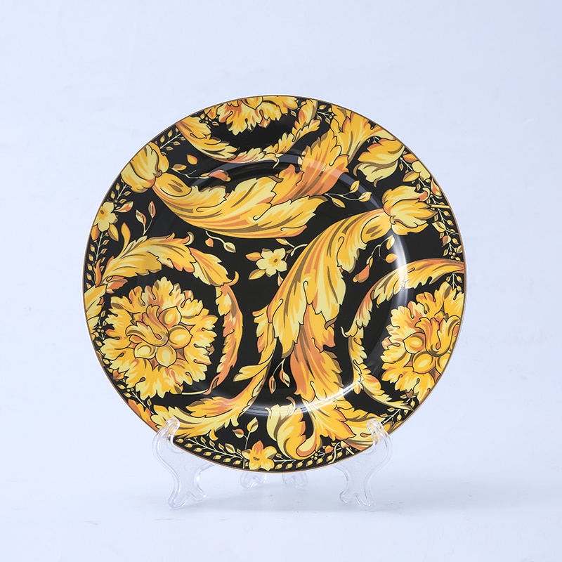 Luxury Porcelain Gold Dinner Plate Kitchen Accessories Dinnerware Serving Flower Plate For Dessert Food Eruope Dishes Bone China