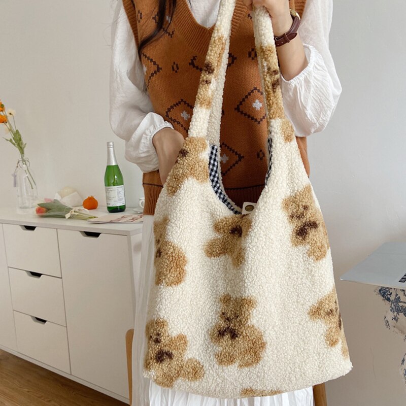 TrendyGal Ins Style Lait Double Face en Coton Sacs À Bandoulière avec Ours Imprimés Printemps Femmes Décontracté Fourre-Tout À Carreaux Style Sacs À Main