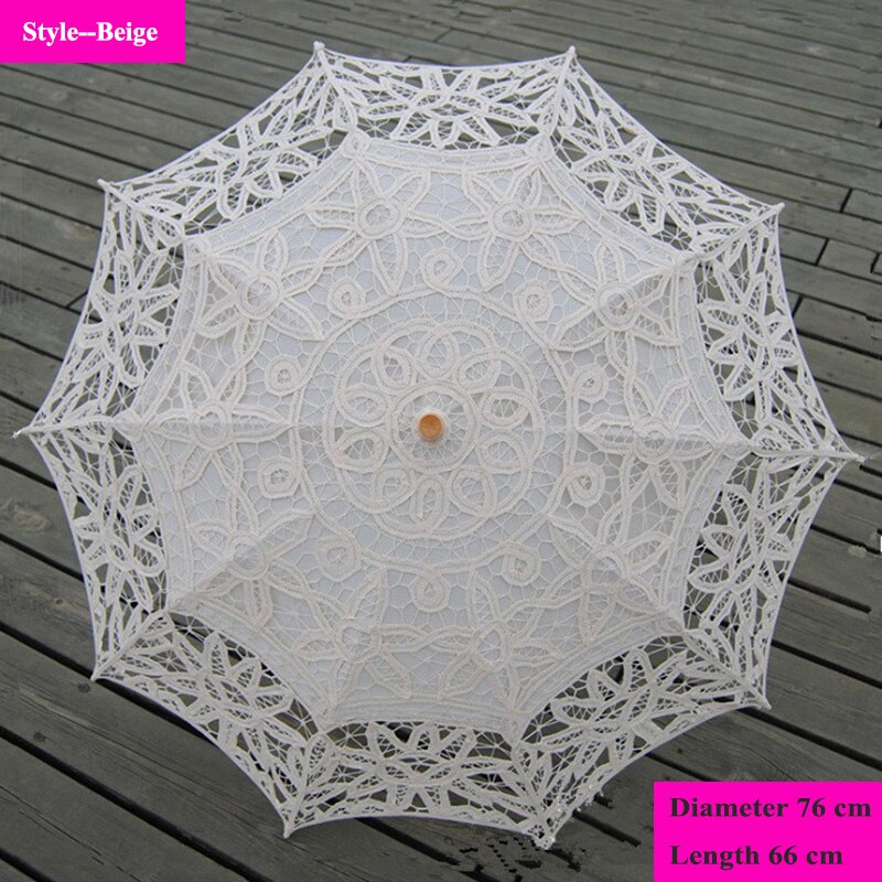 Handgemachte Stickerei Spitze Sonnenschirm Regenschirm Frauen Hochzeit Braut Foto Weiß Baumwolle Holz Griff Dekoration Regenschirm: Stil 2--Beige