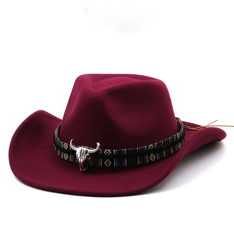 Western Cowboy Hoed Met Koe Hoofd Band Brede Rand Hoed Pop Jazz Hoed Winter Mannen Vrouwen Jazz Wollen Muts koe Meisje Hoed: Wine red