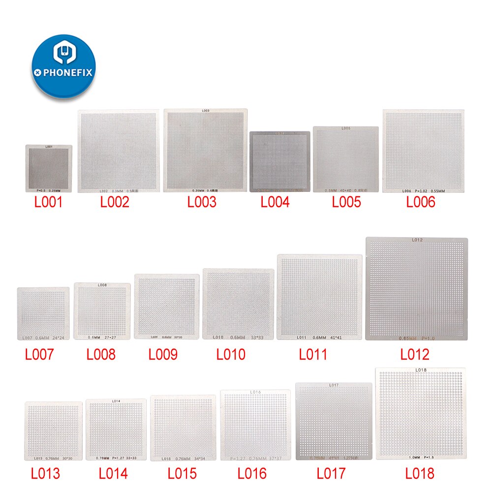 Bga reballing stencil universal kit 18 st 0.3/0.35/0.5/0.55/0.6/0.76mm reballing nät för telefon ic lödning reparation