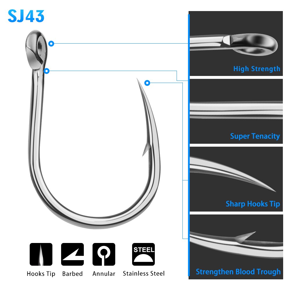 20pcs Saltwater Fishing Hook Jigging Hook 1/0#-13/0# Stainless Barbed Steel Fishhook with Hole for Fishing Accessories Pesca