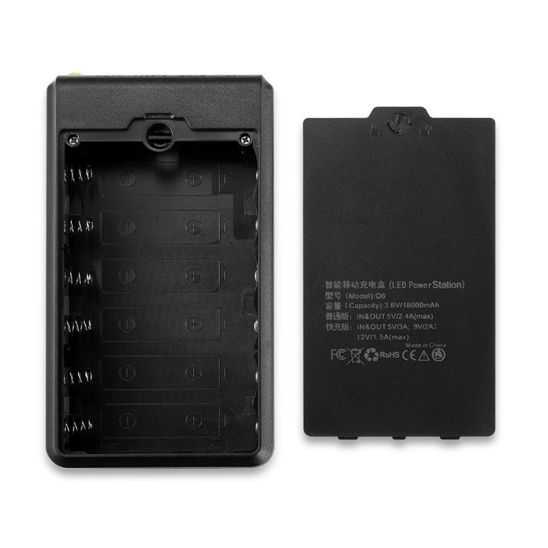 Scatola DIY Power Bank - Batteria 6x 18650 - Uscita USB 5V 2.1A - Ingresso Micro USB/Type-C - Plastica: Nero