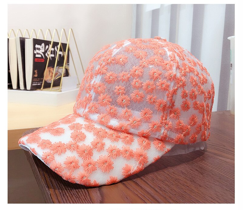 Uspop Baseball Caps Zomer Ademende Cap Geborduurde Bloemen Cap Ins Chrysant Kant Ademend Baseball Cap: orange red