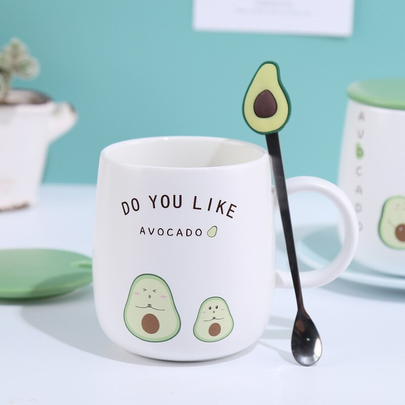 Cartoon Avocado Ceramic Coffee Mug With Lid Spoon Heat-resistant Milk Tea Water Mugs Home Office School Drinkware Cup Cute
