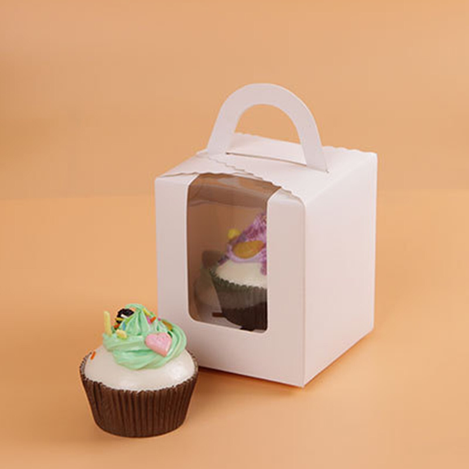 50 kpl cupcake laatikko ikkunalla ja kahvalla kakku kantaja pieni kakku säiliö leipomo hääjuhla syntymäpäivä tarjonta ye: Valkoinen