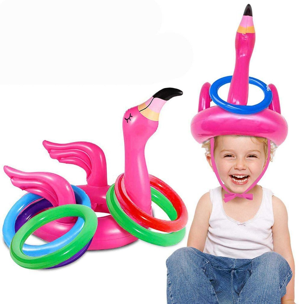 Bærbar oppustelig flamingo hovedhat med 4 stk kasteringe vandspil til familiefest pink pvc materiale pools &amp; sjovt legetøj