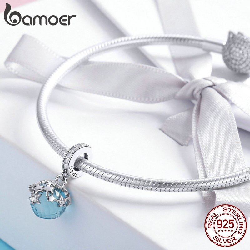 BAMOER di Alta Qualità 925 Sterling Silver Dazzling star Pendenti e Ciondoli Fit Braccialetti con ciondoli di Cristallo Blu Del Pendente Monili Che Fanno BSC029