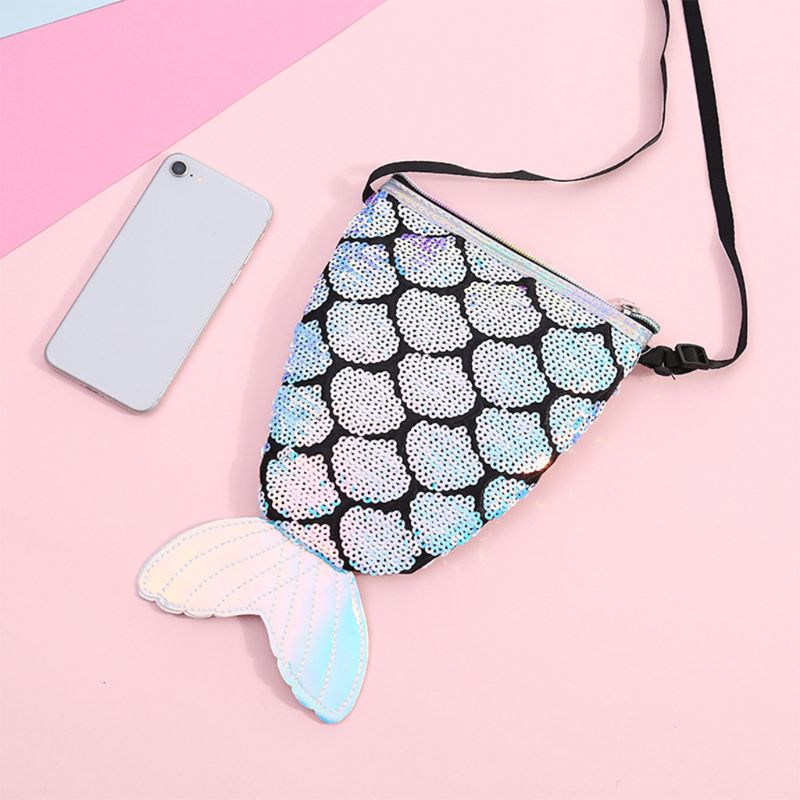 Sequins Hologram Fish Tail Coin Purse Mini Travel Crossbody Shoulder Bag for Women Girls LX9F