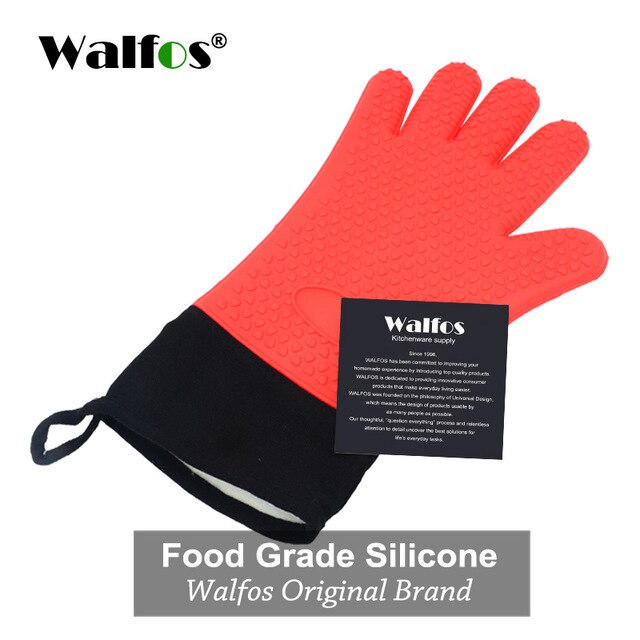 WALFOS long silicone kitchen glove-BBQ grill glove heat resistant cooking glove for grilling microwave oven mitts glove: Red