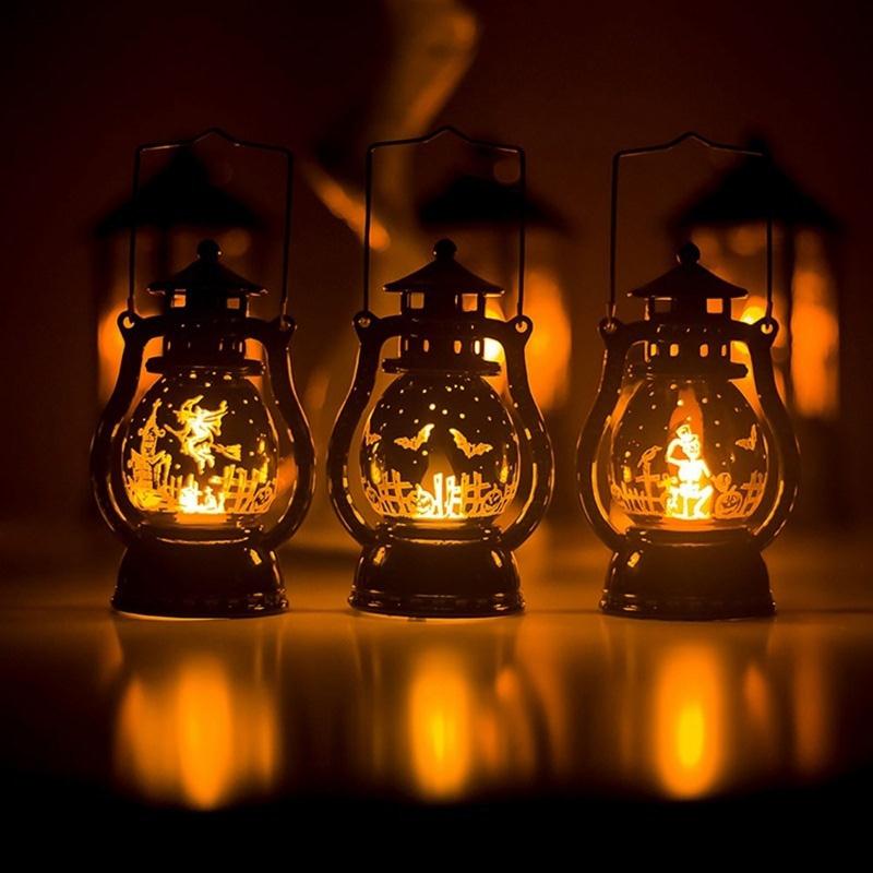 Heks slot led lys lampe halloween led lanterne vintage fest hængende indretning bærbar lille olie græskar lys led nat lys