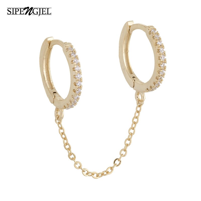 1 par guld-slimfarve to-hullers piercing øreringe strålende krystal zirkon kæde øreringe til kvinder fest smykker: Guld