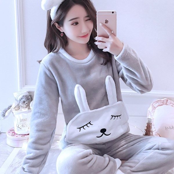 Winter Home Wear Pajama suit Brand Thickened Cute Sleeping set Rabbit Coral Fleece Pajamas Furnishing Suit Coral Velvet: 1 / XL