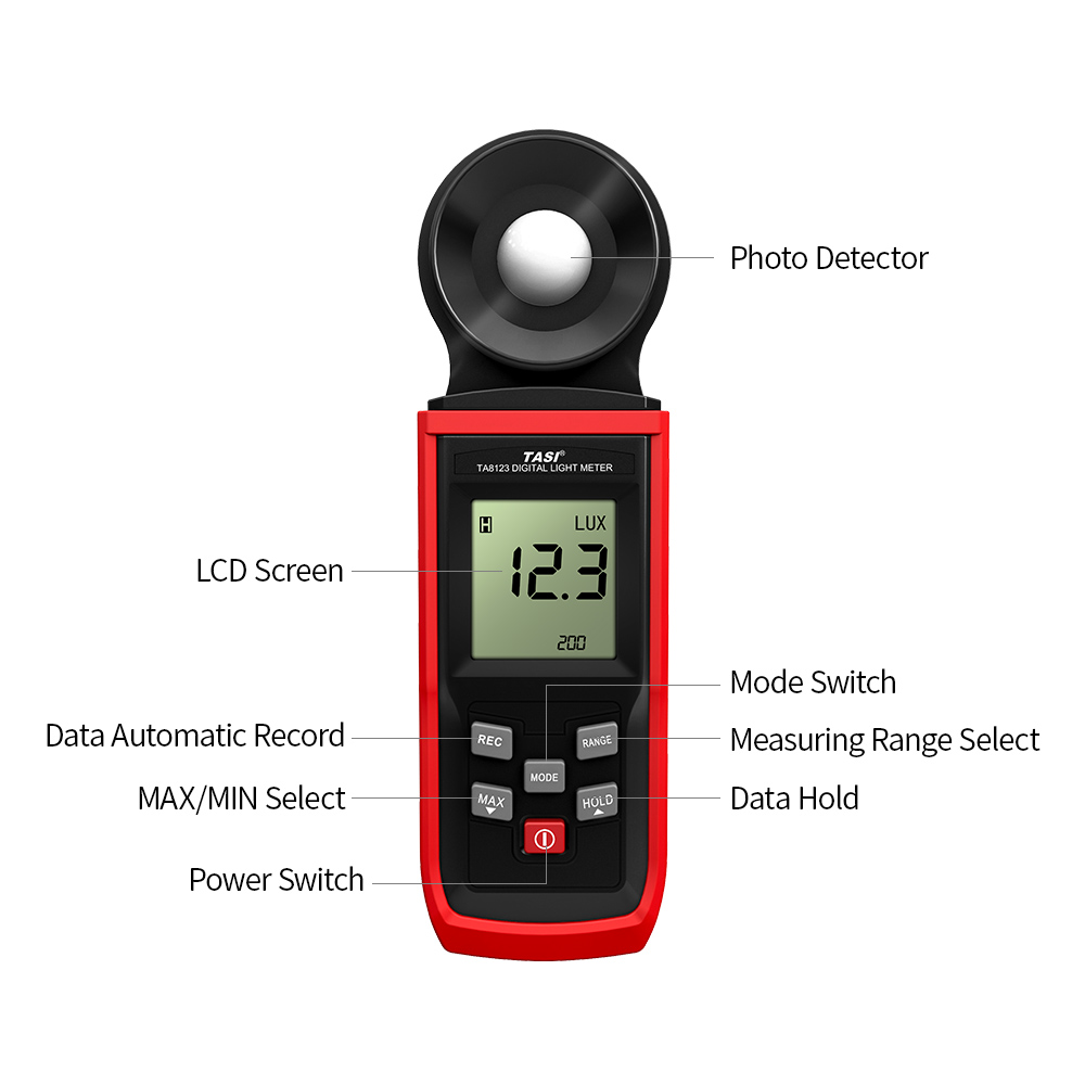 TASI Luminometer Digital Photometer Handheld LCD Luxmeter Light Meter Illuminometer 0-200000 Lux with Max/Min/Data Hold Mode