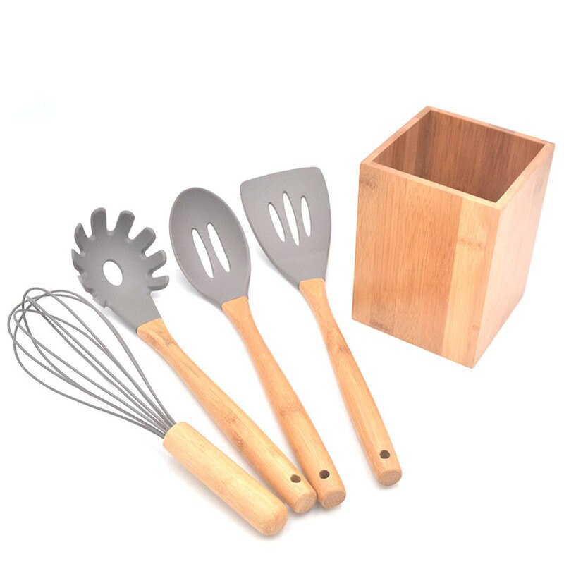 Kitchen Accessories Cooking Silicone Kitchen Utensils Set 9-Piece Cooking Tools Set with Bamboo Holder Non-stick Cookware Cooki