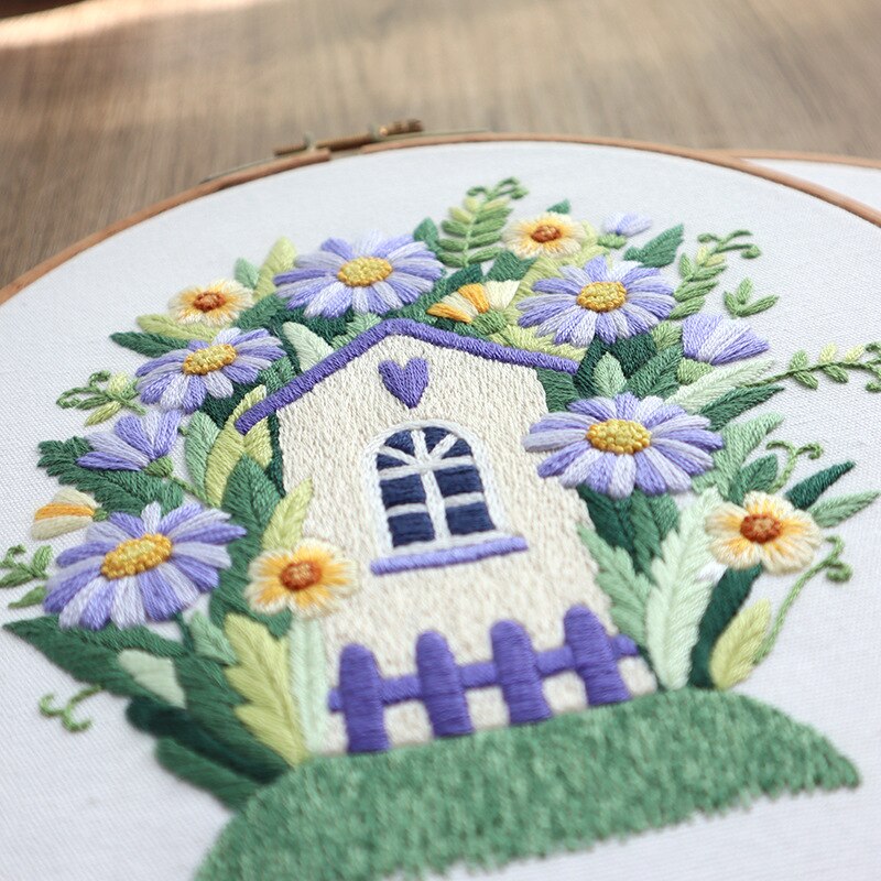 Garden Little Elfs' House Embroidery Kit DIY Needlework Fairy Land Pattern Needlecraft for Beginner Cross Stitch(Without Hoop)
