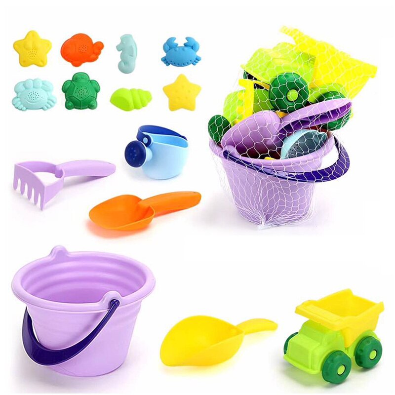 Verano silicona suave bebé playa juguetes niños bolsa de malla conjunto de baño de juguete playa cochecito pato cubo arena molde herramienta juego de agua: Default Title