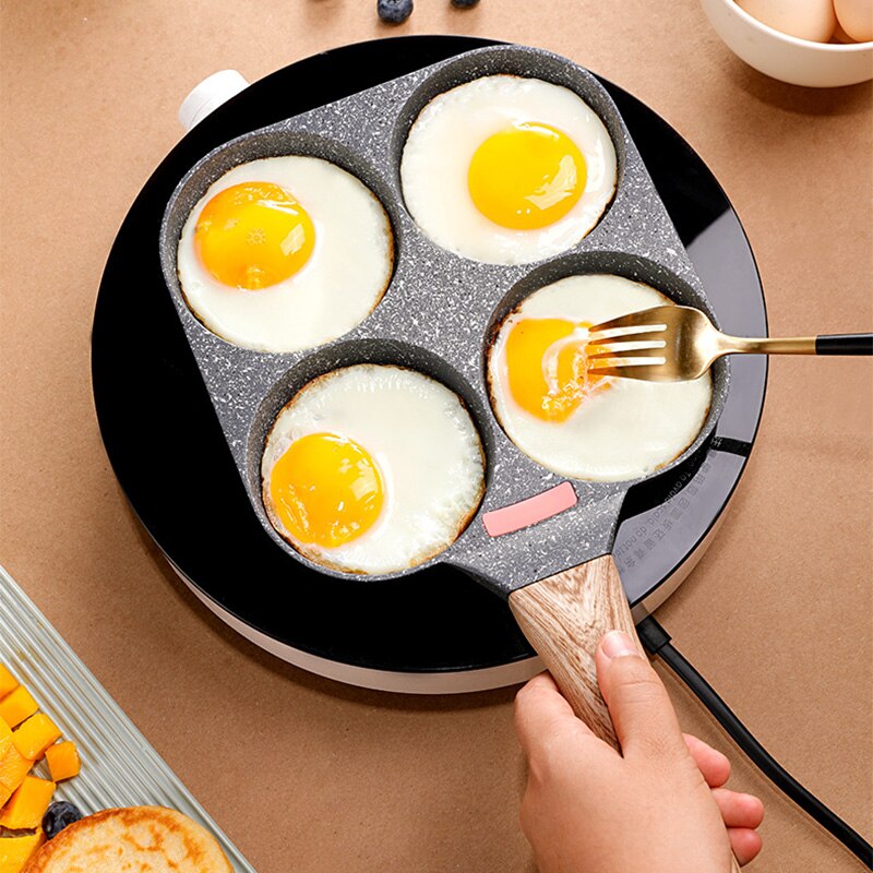 Universal 4-Hole Scrambled Egg Non-stick Frying Pan Wooden Handle Induction Cooker Gas Stove Kitchen Omelette Burger Pancake Pan