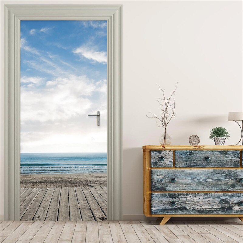 3D Deur Muurschilderingen Blauwe Hemel En Witte Wolken Zee Behang Woonkamer Keuken Deur Decoratie Pvc Zelfklevende Waterdichte stickers