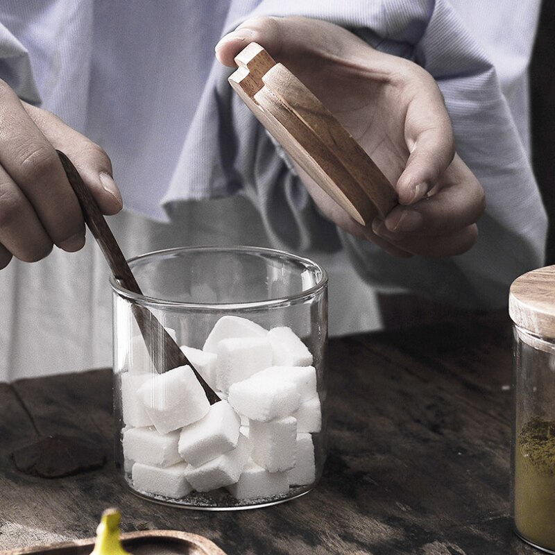 Juego de tarros de vidrio para especias, botella de vidrio para condimentos, azúcar, pimienta, tarro de almacenamiento, jarras de sal con tapa de madera, cuchara, almacenamiento de cocina, 3 unidades