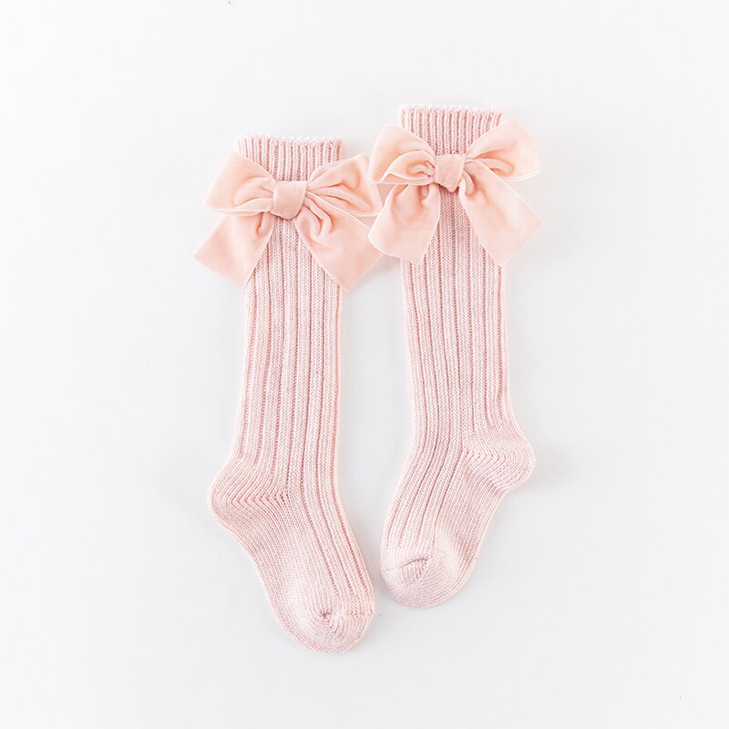 1-8y Kids Baby Kniehoge Sokken Meisjes Voor Kinderen Prinses Stijl Zware Gebreide Waggel Katoen Lange Sokken Met Fluwelen Bows: pink / 6-8y