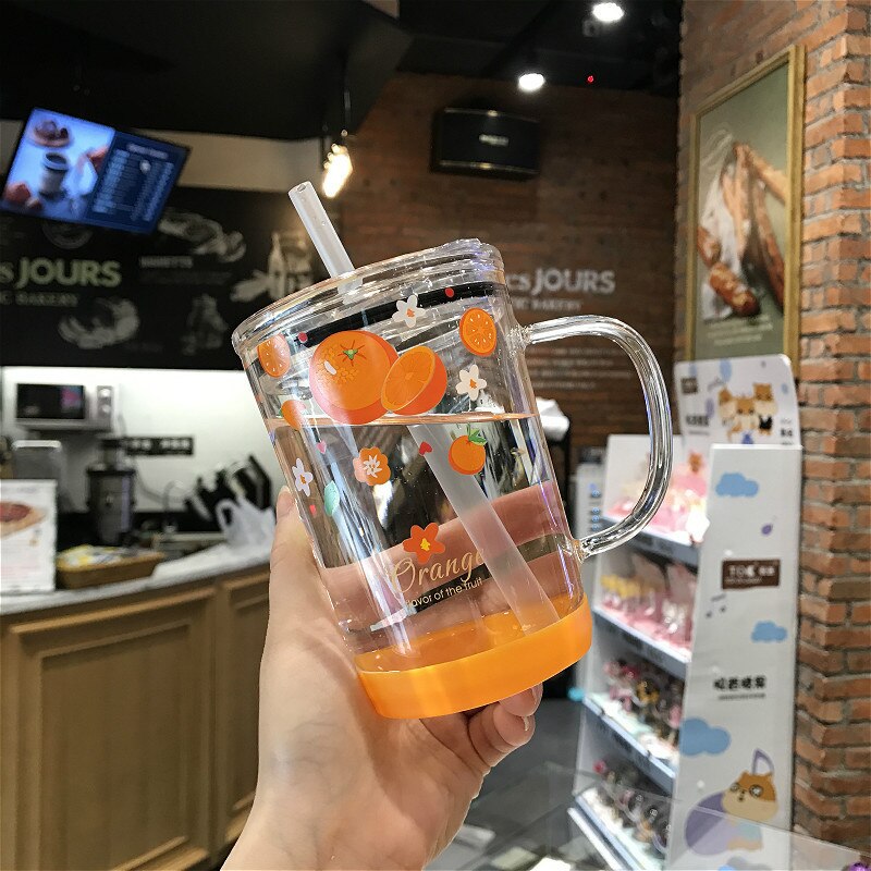450Ml Aardbei Glazen Fles Stro Water Met Schaal Kawaii Transparante Melk Sap Koffie Thee Cup Mok Voor Kinderen