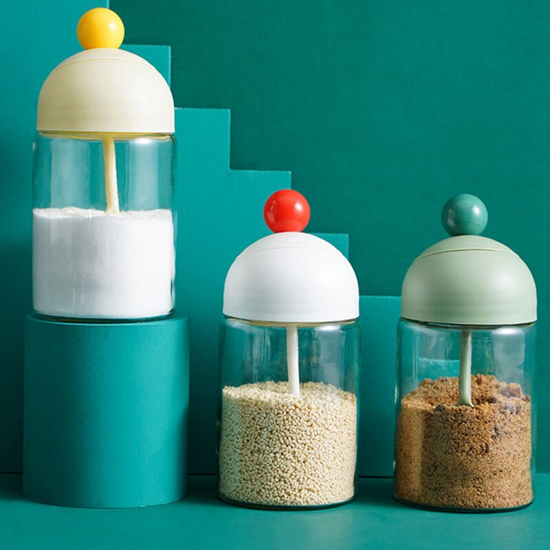 Muti-function Transparent Seasoning Box Glass Spice Pots Storage Container Seasoning Spice Sugar And Salt Jars With Spoon