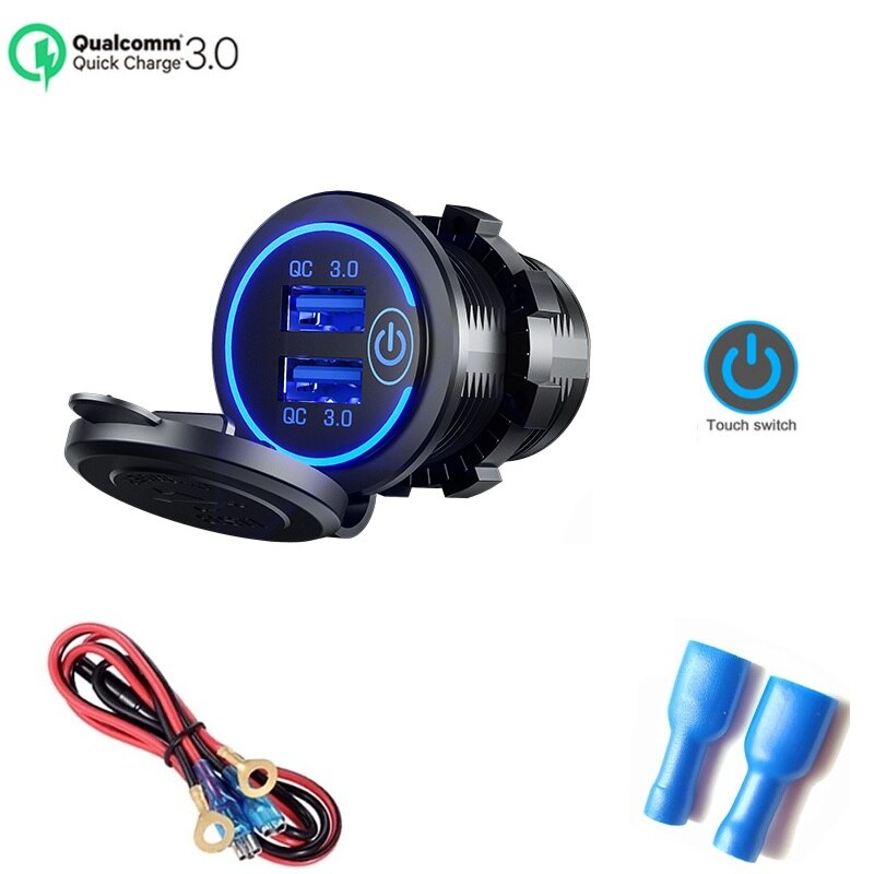 12v/24v 2 charger socket touch switch waterproof universal car truck 36w qc 3,0 plug for phone tablet camera gps: Blue-line-standard