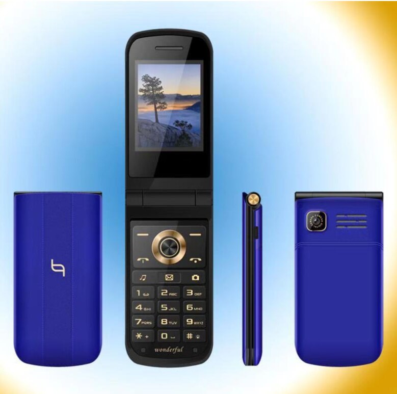 Flip HD screen, big sound button, dual card multi-language feature phone Mobile Phone 2.4" Handwriting Display SOS Fast Call: Blue