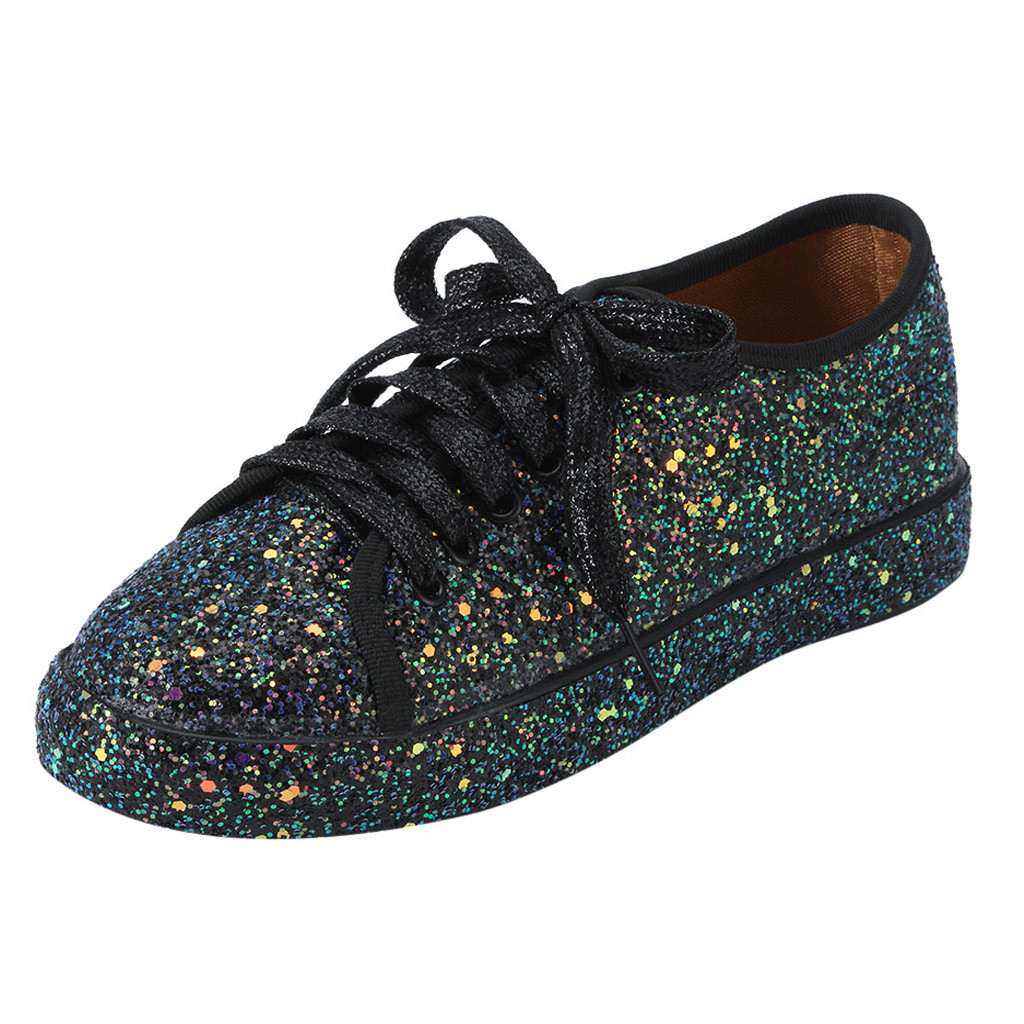 SAGACE Canvas Shoes Women Teenagers Skateboard Sequin Lace Up Shoes Spring Summer Street Sneaker Outdoor Footware: Black / 41